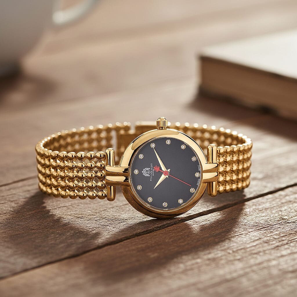 WILLIAM HUNT Ronda 763 Swiss Quartz 5ATM WR Black & Diamond Dial & Gold Case Ladies Watch with Gold Stainless Steel Strap